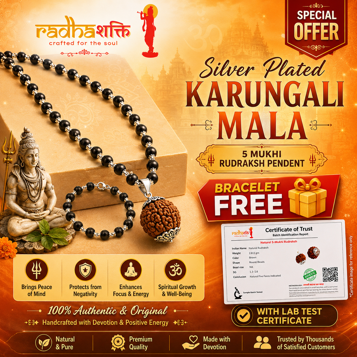Karungali Rudraksh Mala Silver Plated (Free Bracelet)